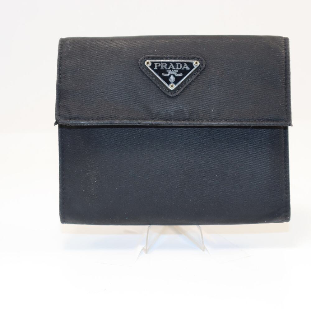 Prada Black‎ Nylon Saffiano Leather Tri-Fold Wallet Coin Pocket Italy